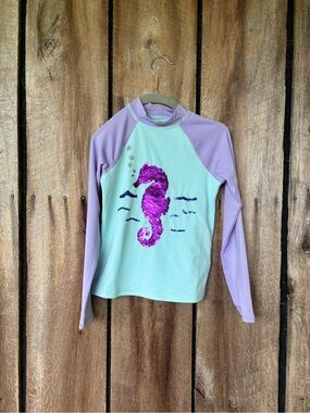 Lands' End Girls Small 6-7 Seahorse Rash Guard Swim Top UPF Purple Aqua Flip Seq